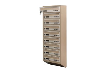 Beige ecru khaki color mailboxes on white background isolated. Mail box for entrance of apartment house. Metal mailbox