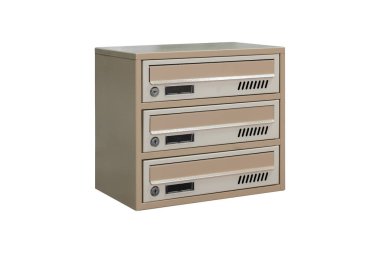 Beige ecru khaki color mailboxes on white background isolated. Mail box for entrance of apartment house. Metal mailbox