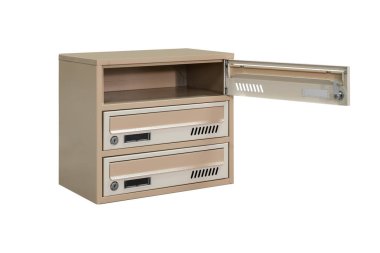 Beige ecru khaki color mailboxes on white background isolated. Mail box for entrance of apartment house. Metal mailbox