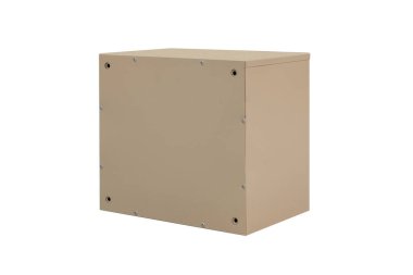 Beige ecru khaki color mailboxes on white background isolated. Mail box for entrance of apartment house. Metal mailbox
