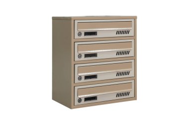 Beige ecru khaki color mailboxes on white background isolated. Mail box for entrance of apartment house. Metal mailbox