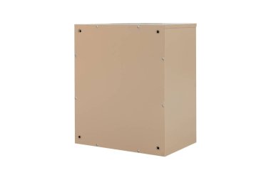 Beige ecru khaki color mailboxes on white background isolated. Mail box for entrance of apartment house. Metal mailbox
