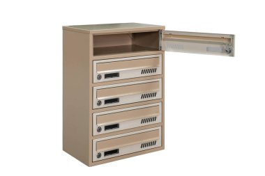 Beige ecru khaki color mailboxes on white background isolated. Mail box for entrance of apartment house. Metal mailbox