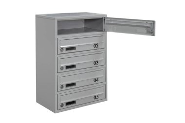Gray mailboxes on white background isolated. Mail box for entrance of apartment house. Metal mailbox