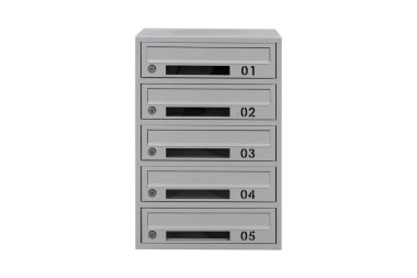Gray mailboxes on white background isolated. Mail box for entrance of apartment house. Metal mailbox