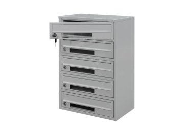 Gray mailboxes on white background isolated. Mail box for entrance of apartment house. Metal mailbox