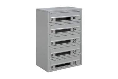Gray mailboxes on white background isolated. Mail box for entrance of apartment house. Metal mailbox