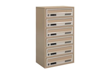 Beige ecru khaki color mailboxes on white background isolated. Mail box for entrance of apartment house. Metal mailbox
