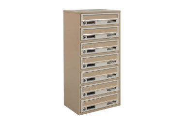 Beige ecru khaki color mailboxes on white background isolated. Mail box for entrance of apartment house. Metal mailbox