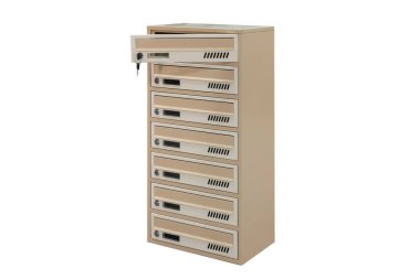 Beige ecru khaki color mailboxes on white background isolated. Mail box for entrance of apartment house. Metal mailbox