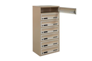 Beige ecru khaki color mailboxes on white background isolated. Mail box for entrance of apartment house. Metal mailbox