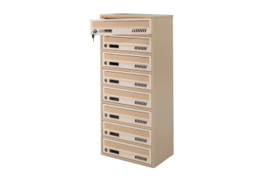 Beige ecru khaki color mailboxes on white background isolated. Mail box for entrance of apartment house. Metal mailbox