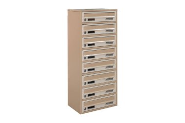 Beige ecru khaki color mailboxes on white background isolated. Mail box for entrance of apartment house. Metal mailbox