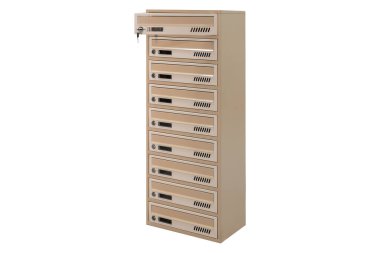 Beige ecru khaki color mailboxes on white background isolated. Mail box for entrance of apartment house. Metal mailbox