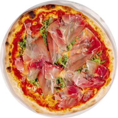 Jambonlu pizza, roka ve parmesan peyniri.