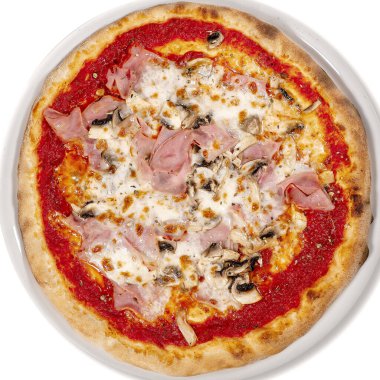 Pişmiş jambon, mozzarella, enginar ve sebzeli pizza.