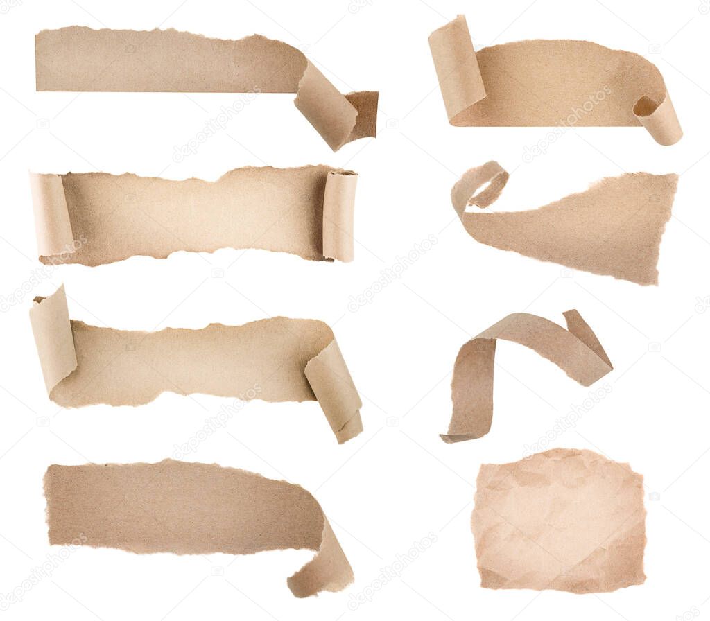 collection of torn craft paper on isolated white background