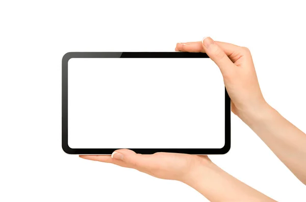 Vrouwelijke Handen Met Digitale Tablet Geïsoleerde Witte Achtergrond — Stockfoto