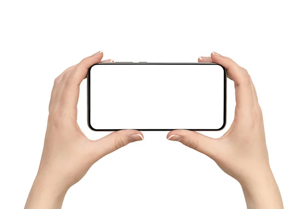 Vrouw Handen Houden Smart Phone Geïsoleerde Witte Achtergrond — Stockfoto