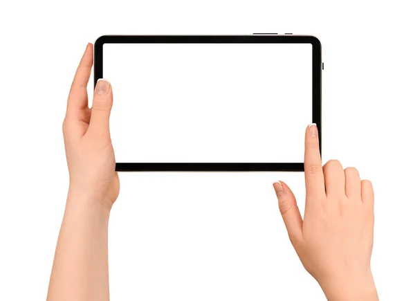 Weibliche Hände Mit Digitalem Tablet Auf Isoliertem Weißem Hintergrund Wischen — Stockfoto