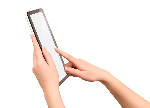 Tablet Computer Weiblicher Hand Auf Isoliertem Weißen Hintergrund — Stockfoto