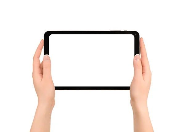 Die Hände Halten Ein Digitales Tablet Mit Weißem Kopierraum Blick — Stockfoto