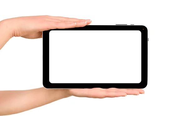 Tablet Computer Vrouwelijke Handen Geïsoleerde Witte Achtergrond — Stockfoto