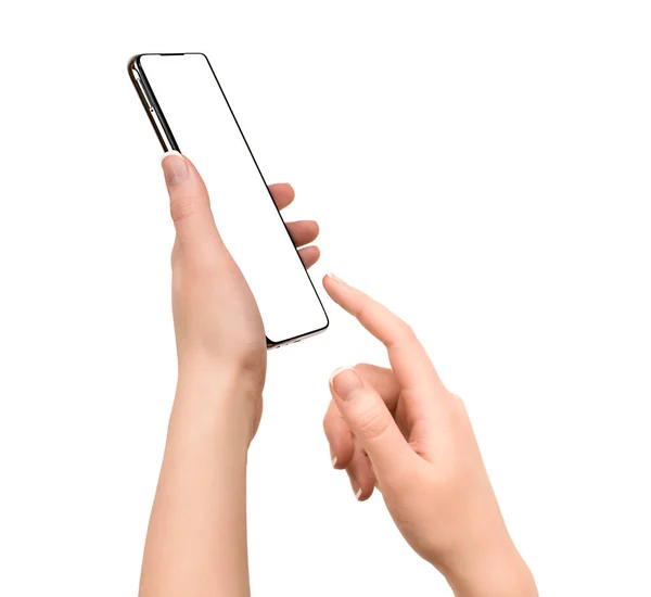 Hände Und Smartphone Auf Isoliertem Weißen Hintergrund — Stockfoto