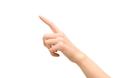 İzole edilmiş beyaz arkaplandaki sanal ekrana elle dokun