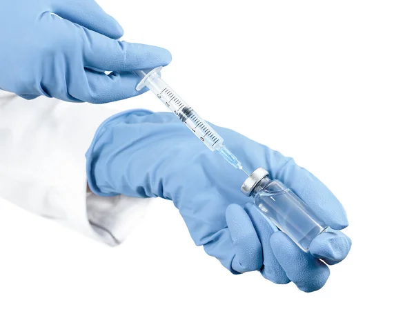 Vakcíny Injekční Stříkačky Rukou Lékaře Bílém Izolovaném Pozadí — Stock fotografie
