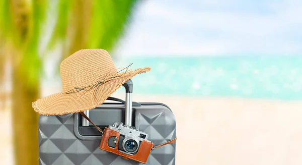Gezgin Bavulu Güneş Şapkası Kamera Arka Planda Deniz Palmiye Ağaçları — Stok fotoğraf