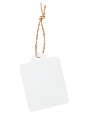 Beyaz izole bir arkaplanda bir beyaz etiket