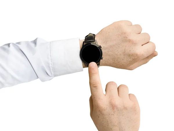 Mãos Masculinas Pressione Tela Sensível Toque Relógio Inteligente Fundo Isolado — Fotografia de Stock