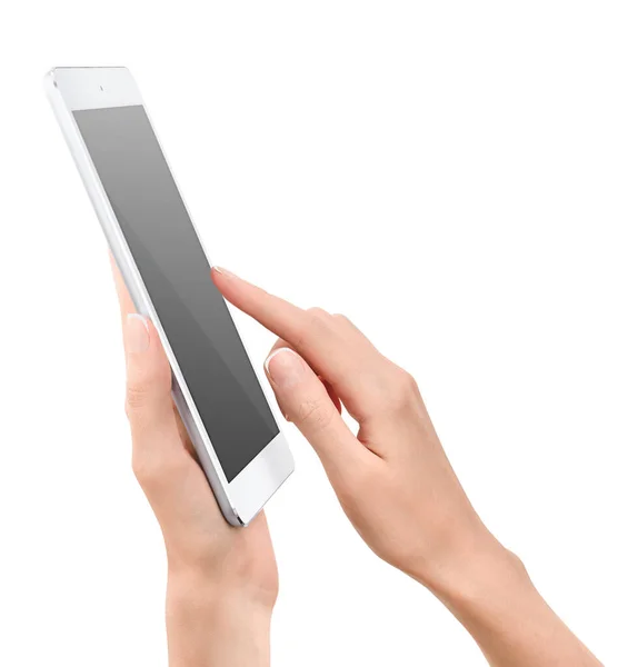 Frauenhände Drücken Auf Den Touchscreen Eines Digitalen Tablets Seitenansicht Isolierter — Stockfoto