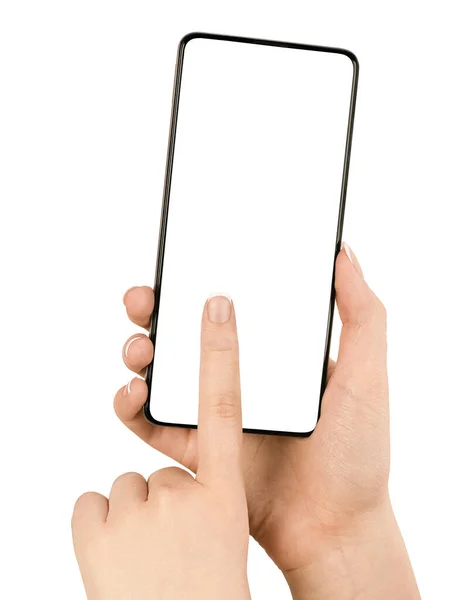 Vrouwelijke Handen Druk Blanco Smartphone Scherm Geïsoleerde Witte Achtergrond — Stockfoto