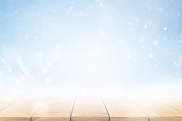 Houten Tafel Voorgrond Winterlandschap Achtergrond — Stockfoto
