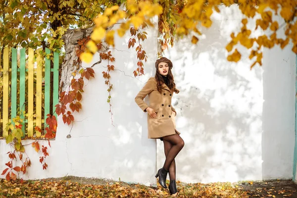 Retrato de longitud completa de la mujer de moda vestida con abrigo beige, boina marrón pasa tiempo al aire libre, otoño —  Fotos de Stock