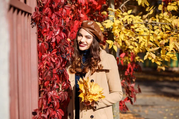 Portrait Fashionable Woman Next Red Yellow Hedge Fall Season Stylish — Stock Photo, Image