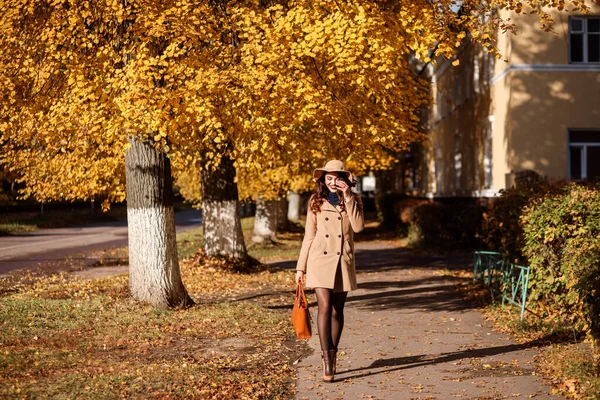 Стильная Женщина Широкополой Шляпе Бежевом Пальто Идет Улице Осенью — стоковое фото