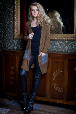 Uzun sarı saçlı güzel genç seksi kadın, parlak makyaj Smokey Eyes yanında bir kazak giyen bahar bir şifoniyer ve bir katalog giyim koleksiyonu sonbahar moda olan çubuk stili