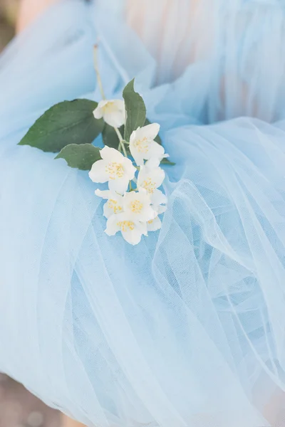 Hermosas manos delicadas de una chica con flores de jazmín en las manos en un paño azul, estilo de Bellas Artes — Foto de Stock