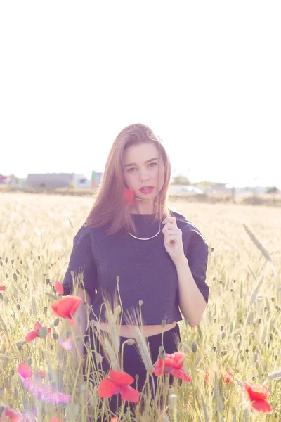 Belle fille douce avec de grandes lèvres dodues avec coquelicot à la main marchant dans un champ par une journée ensoleillée au coucher du soleil — Photo