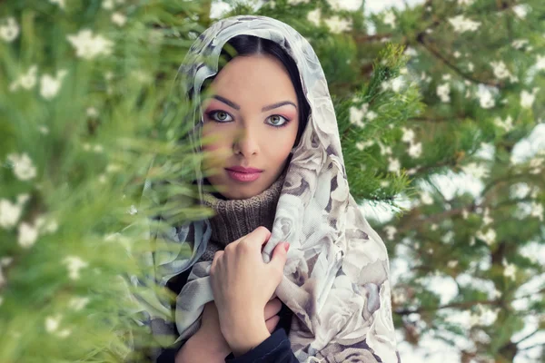 Bir eşarp kış orman düşen kar köknar ağaçları, yakınındaki kafasındaki çekici genç kadın