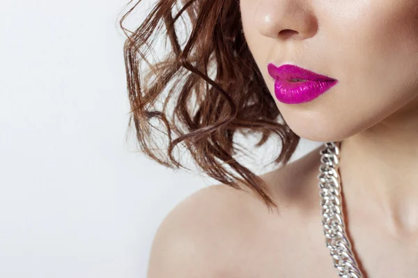 Big beautiful sexy sensual girl 's lips with bright pink lipstick, beauty fashion photography — стоковое фото