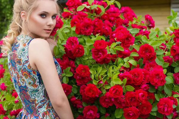 Bella sexy gentile donna elegante con i capelli bianchi con bei capelli in prendisole in piedi nel giardino vicino a un grande cespuglio di rose rosse — Foto Stock