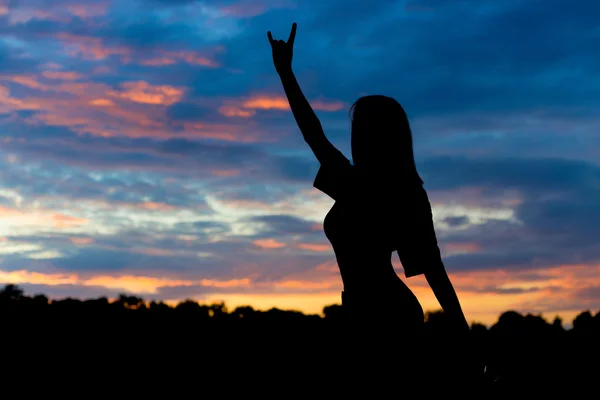 Silhouette of beautiful sexy woman on the background of sunset — Stock Photo, Image