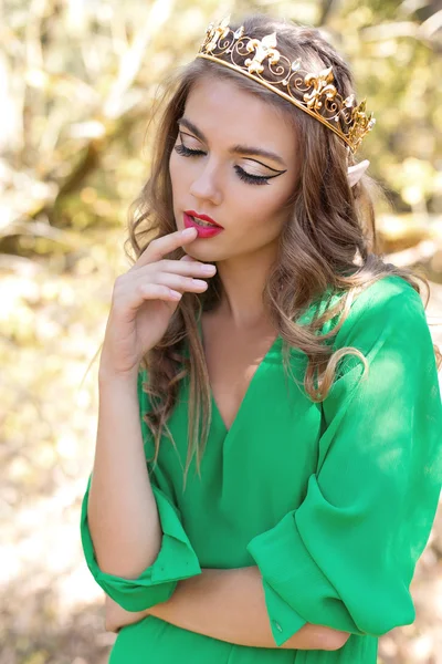 Bela menina sexy rainha com maquiagem brilhante em um vestido longo com uma coroa em sua cabeça arbusto caminha na floresta no dia de verão ensolarado brilhante — Fotografia de Stock