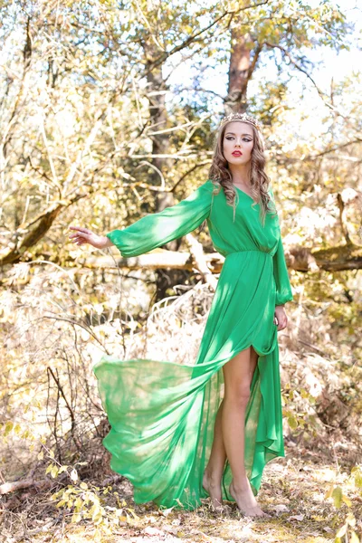 Schöne sexy Mädchen Königin mit hellem Make-up in einem langen Kleid mit einer Krone auf dem Kopf busick Spaziergänge im Wald in strahlend sonnigen Sommertag — Stockfoto