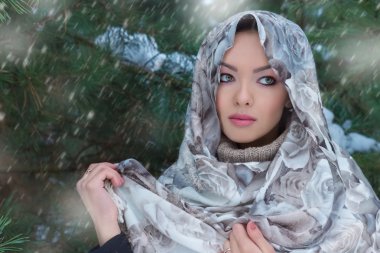 güzel güzel kız kar kış orman ağaçları yakınındaki bir eşarp ve sıcak süveterli altında ayakta