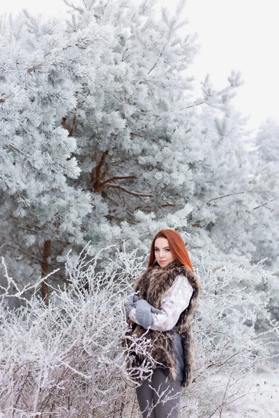 Piękne słodkie sexy młoda dziewczyna z Rude włosy spaceru w lesie snowy wśród drzew nieodebrane pierwszy trymestr krzewów z czerwonym yagodamiv ciepły płaszcz z jasny makijaż — Zdjęcie stockowe